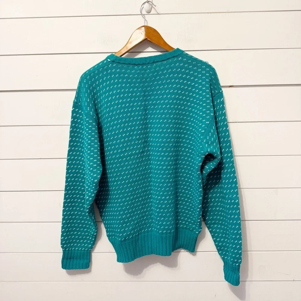Vintage Eddie Bauer Mens Bird's Eye Teal Crewneck 100% Cotton Sweater Size Large